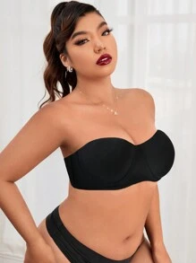 Plus Solid Strapless Push Up Bra With 1pair Clear Strap - Black - View 3
