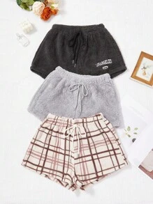 3pcs Tie Waist Flannel Shorts - Multicolor - View 1