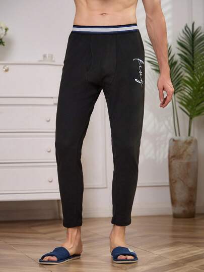 Men Letter Graphic Striped Trim Thermal Underwear Pants