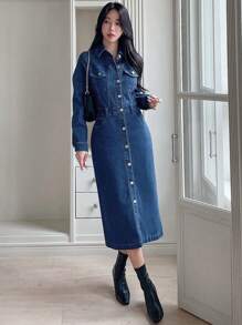 DAZY Chi tiết về Flap Nút phía trước Đầm Denim Không có thắt lưng - Màu xanh lam - Xem 4