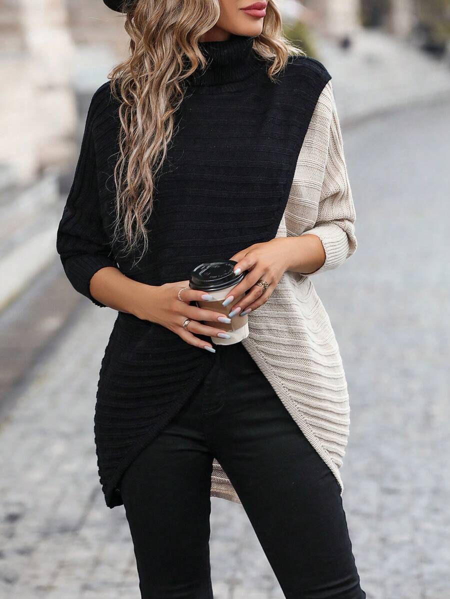 SHEIN LUNE Two Tone Turtleneck Wrap Cross Asymmetrical Hem Sweater - Black - View 1