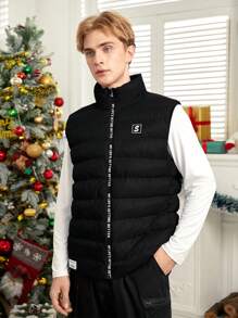 Manfinity Nam Lỏng lẻo Áo gi lê Lông vũ Với Đồ họa Chữ cái Và Dây kéo Thiết kế - màu đen - Xem 1