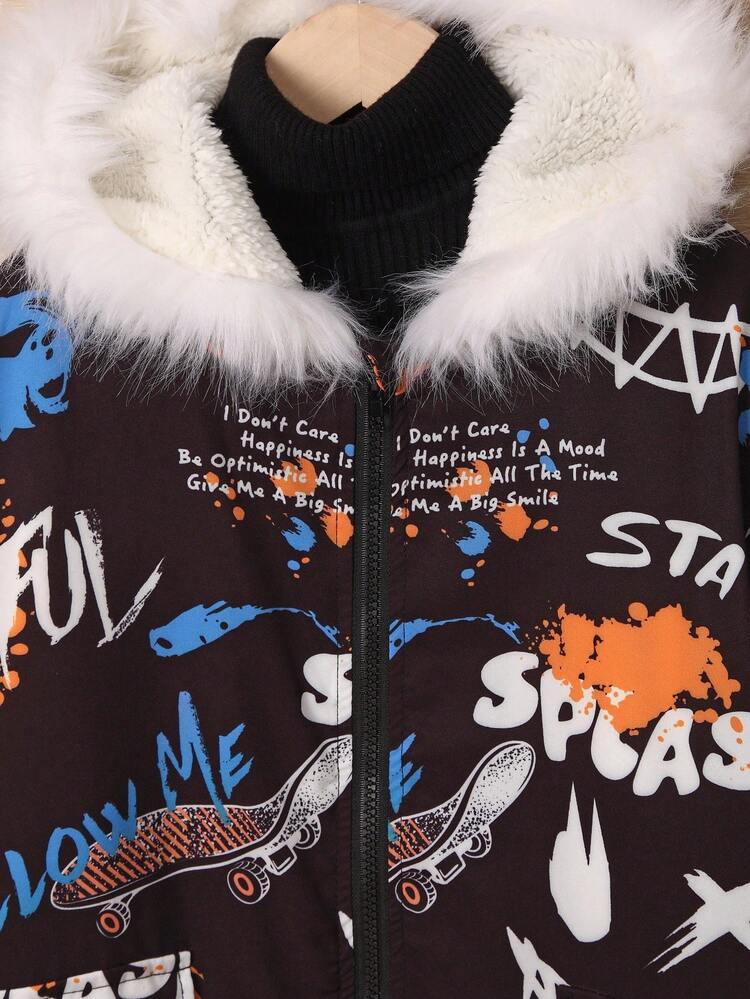 Tween Boy Letter Graphic Fuzzy Trim Hooded Thermal Lined Coat Without Sweater