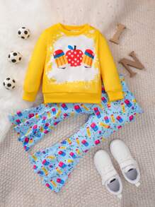 SHEIN 女小童卡通圖案運動衫&喇叭褲 - 黃色 - 查看 1