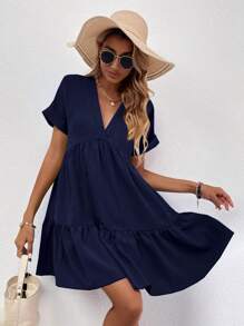 SHEIN LUNE Roll Up Sleeve Ruffle Hem Smock Dress
