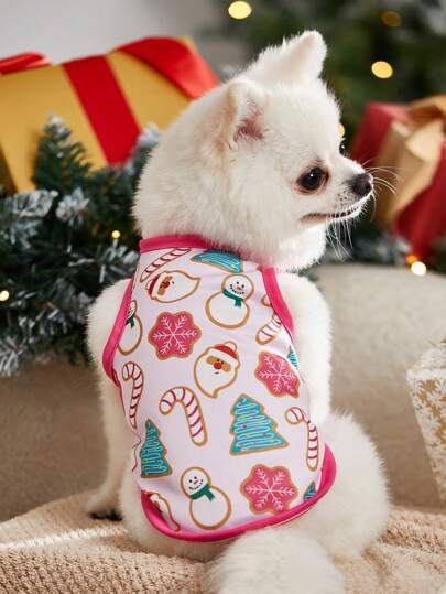 Maryam Alam Artist 1pc Pink Cute Printed Pet Vest Suitable For Cats And Dogs, Featuring Snowman, Christmas Tree And Candy Prints