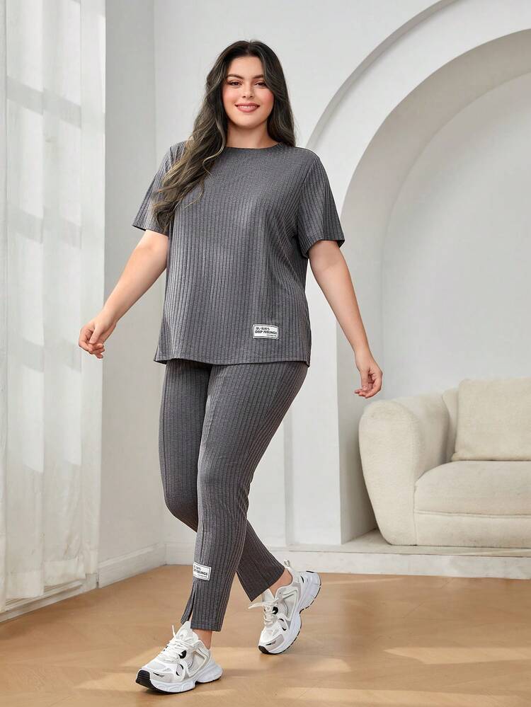 Plus Letter Patched Detail Tee & Split Hem Pants 2 Piece Set