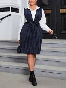 SHEIN Privé Plus Striped Print Belted Overall Dress Without Blouse - Navy Blue - View 5