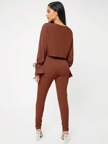 SHEIN SXY Solid Knot Cuff Tee & Leggings - Coffee Brown - View 2