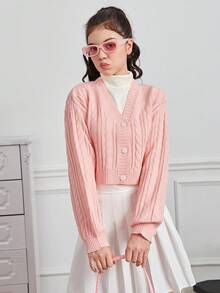 青少年女孩麻花編織落肩袖開襟衫 - 粉色 - 查看 5