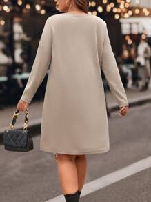 Calvaya Plus Contrast Lace Asymmetrical Hem Dress - Khaki - View 2