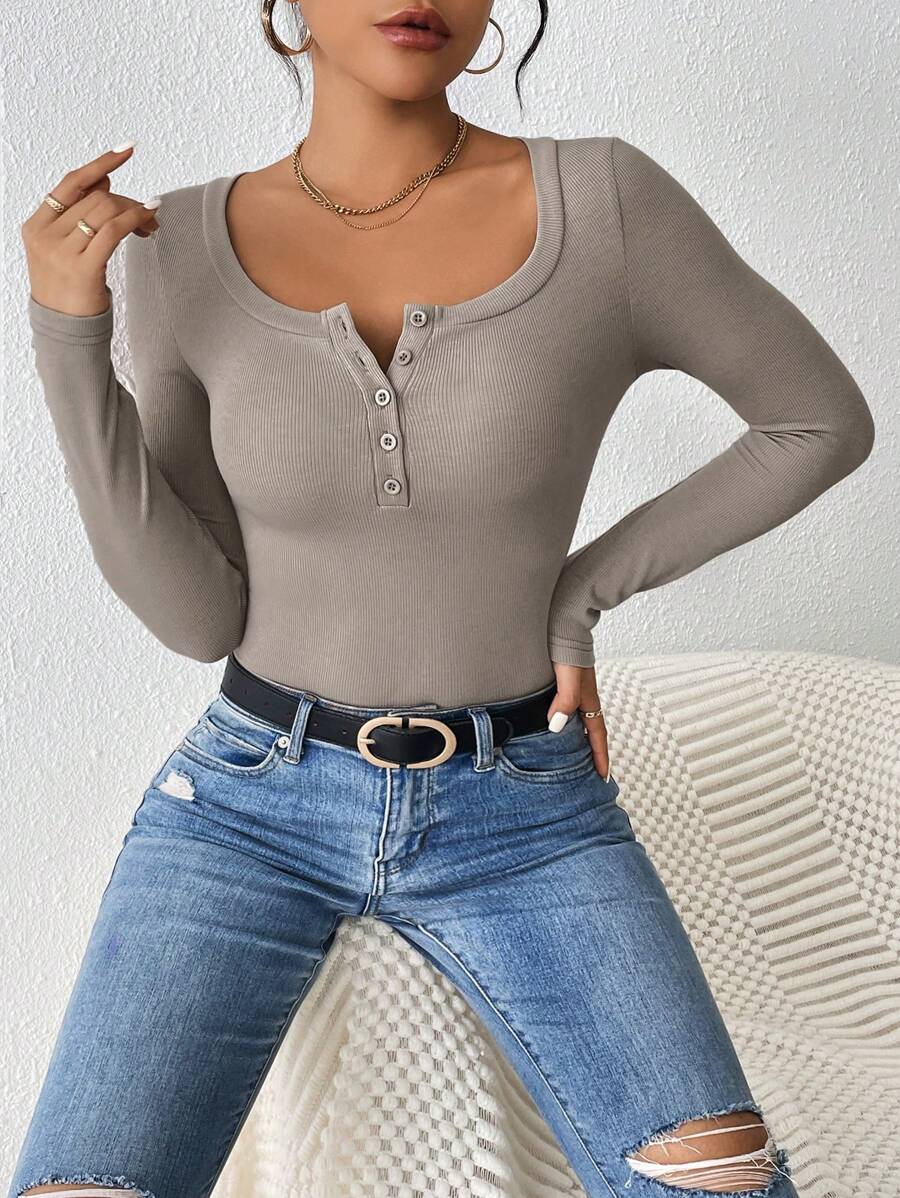 SHEIN PETITE Nút Nửa Đồ đan Ribbed Áo thun - Xám - Xem 1