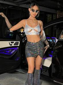 SHEIN ICON Metallic & Rhinestone Strap Cut Out Front Crop Cami Top - Silver - View 5