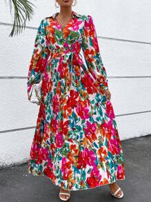 SHEIN VCAY Allover Floral Print Lantern Sleeve Belted Dress - Red - View 5