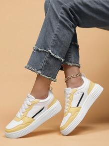 女士运动鞋，黄色休闲鞋，白色平底滑板鞋 - 黃色 - 查看 4