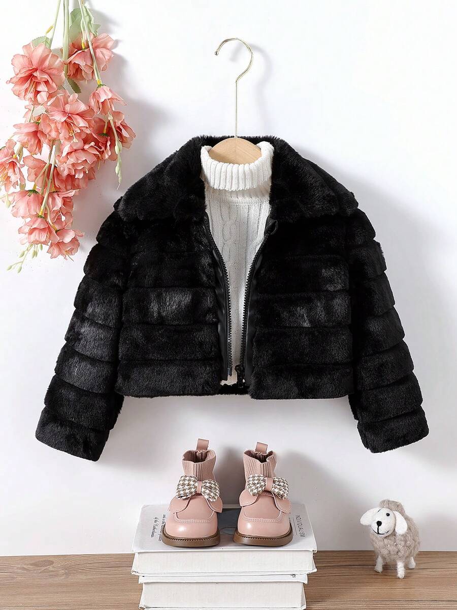 SHEIN 女小童1入組絨布拉鏈開襟毛茸茸夾克 - 黑色 - 查看 1