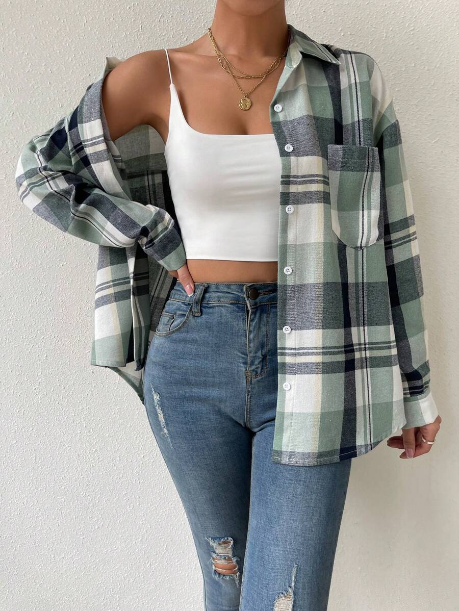 SHEIN Unity Women's Casual Basic Plaid Print Button-Up Shirt - Multicolor - View 1