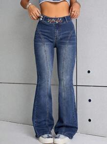 SHEIN ICON Jeans de pierna amplia con estampado floral - Azul lavado oscuro - Ver 3