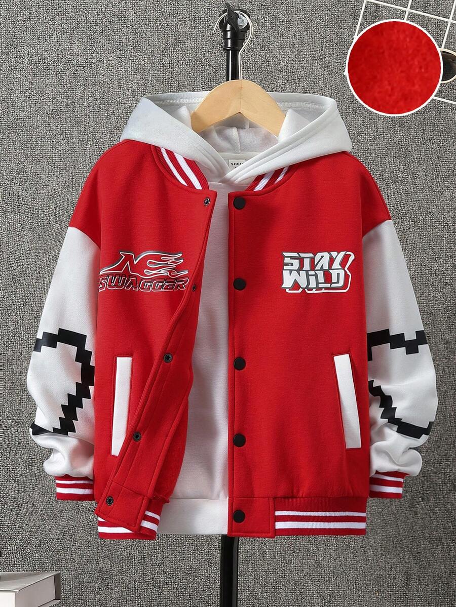 SHEIN Cậu bé Tween Đồ họa chữ & trái tim Sọc trang trí Thả vai Áo khoác Đại học Không có áo Hoodie - Đỏ - Xem 1