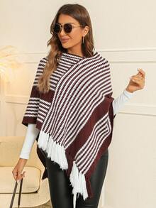 SHEIN Clasi Mẫu sọc Viền rìa Áo len Poncho - Cà phê nâu - Xem 5