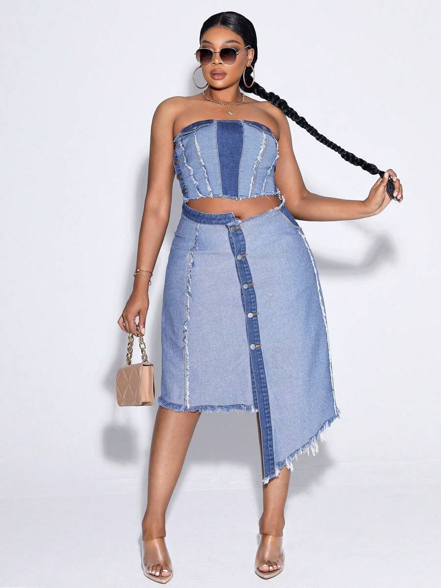 SHEIN SXY Plus Asymmetrical Raw Hem Denim Skirt Without Tube Top - Light Wash - View 1