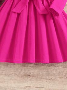 少女復古玫紅色長袖鑲珠腰帶圓領裙 - 玫紅色 - 查看 3