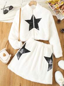 SHEIN 女大童星星圖案毛絨夾克&半身裙 - 黑與白 - 查看 1