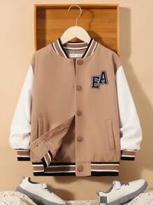 SHEIN Tween Boy Letter Patched Striped Trim Drop Shoulder Overcoat - Camel - View 4