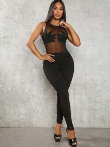 SHEIN SXY Solid Mesh Bodysuit & Leggings - Black - View 4