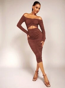 SHEIN BAE Off Shoulder Cut Out Ruched Front Bodycon Dress - Brown - View 1