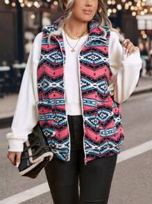 EMERY ROSE Plus Geo Print Zip Up Vest Padded Padded Coat Clothes Winter - Multicolor - View 4