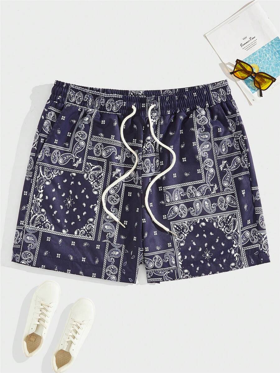 GENTILAND Men Paisley Scarf Print Drawstring Waist Shorts - Purple - View 1