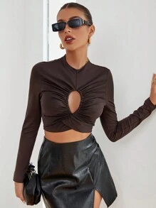 SHEIN Privé Cut Out Ruched Front Crop Tee - Brown - View 1