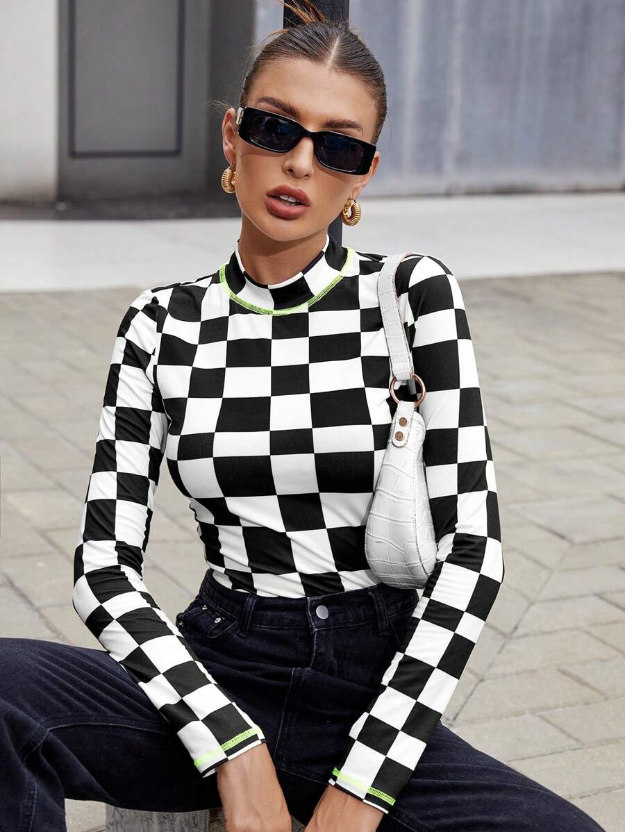 SHEIN Essnce 女士黑白長袖T恤，小立領設計 - 黑與白 - 查看 1