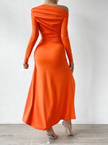 SHEIN Privé Asymmetrical Neck Ruched Side Dress - Burnt Orange - View 4