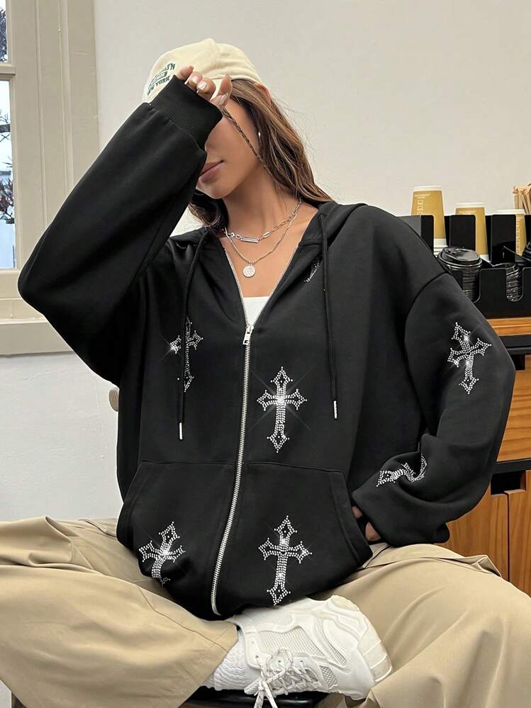 EZwear クロス柄ドロップショルダー 紐付きジップパーカー長袖トップス 1695365732f68aaa87b4fab706a569
