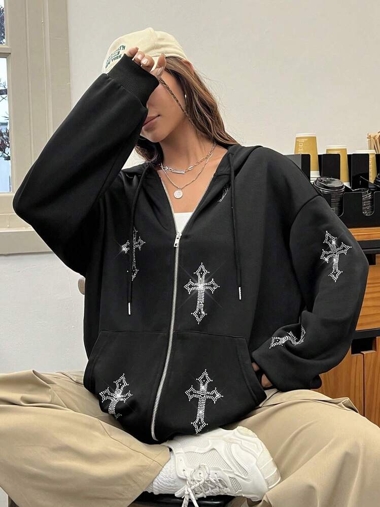 Muchica Cross Print Drop Shoulder Drawstring Zipper Hoodie,Long