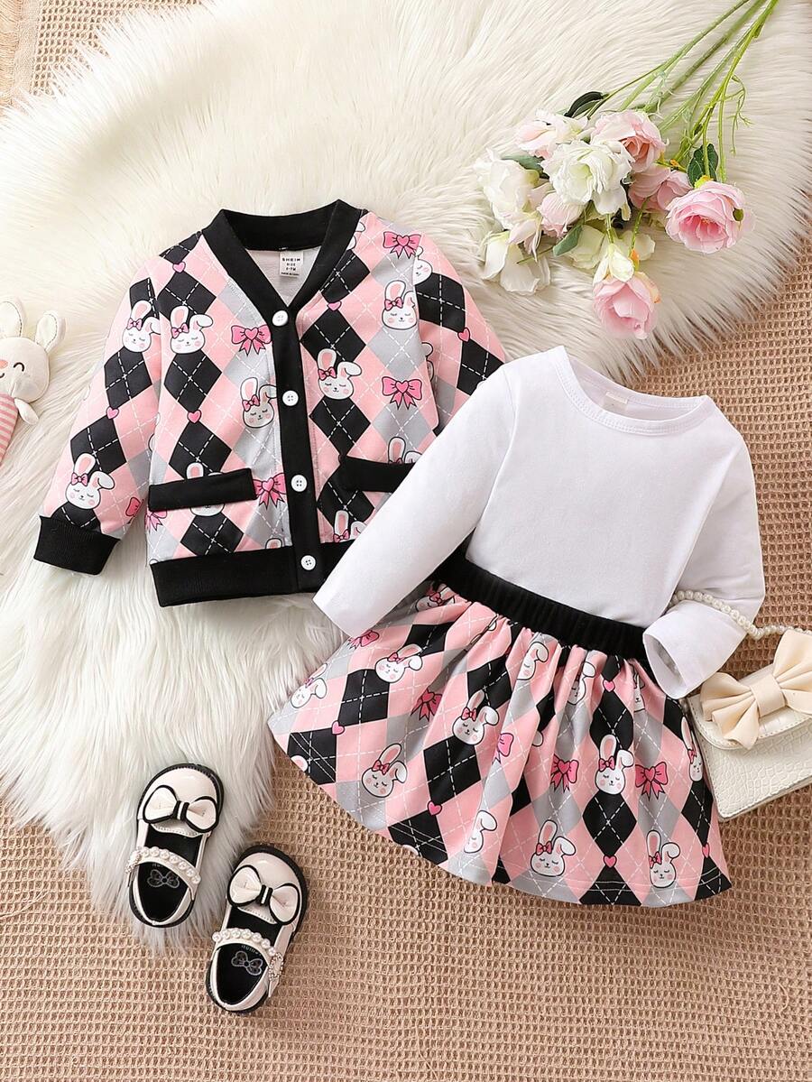 女嬰卡通圖案夾克和半身裙和T恤