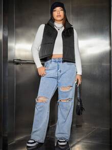 SHEIN EZwear Plus Zip Up Vest Padded Coat - Black - View 5