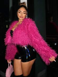 SHEIN SXY 素色開門襟毛茸茸外套 - 粉色 - 查看 5