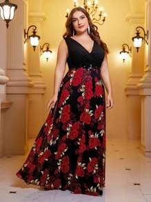 SHEIN Belle Plus Floral Print Surplice Neck Formal Dress - Multicolor - View 2