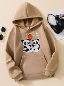 SHEIN 少女熊猫印花休闲卫衣，春秋季 - 卡其色 - 查看 1