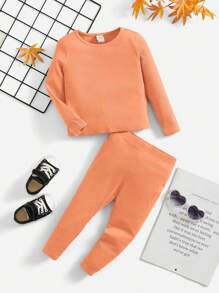 SHEIN 女嬰素色條紋針織T恤和緊身褲 - 橘色 - 查看 1