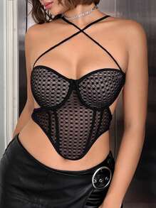 SHEIN ICON 女款交叉掛脖透明網眼鏤空背心 - 黑色 - 查看 1