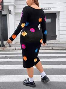 Flirla Plus Floral Pattern Square Neck Sweater Dress - Black - View 2