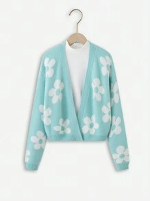 Teen Girl Floral Pattern Drop Shoulder Duster Cardigan Without Tee - Green - View 1