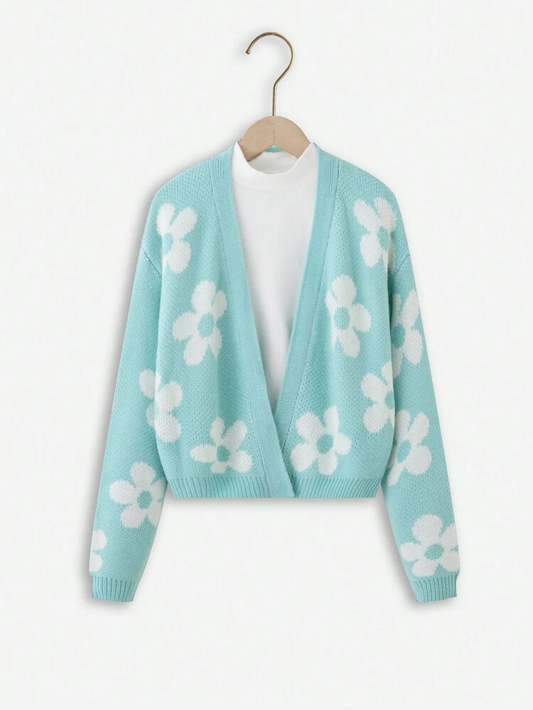 Teen Girl Floral Pattern Drop Shoulder Duster Cardigan Without Tee