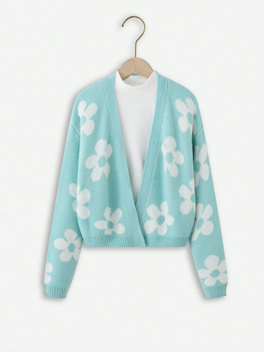 Teen Girl Floral Pattern Drop Shoulder Duster Cardigan Without Tee - Green - View 1