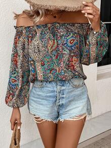 SHEIN VCAY In hoa Paisley Off Shoulder Tay áo lồng đèn Áo sơ mi - Nhiều màu - Xem 3