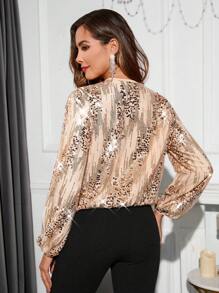 SHEIN Clasi 燈籠袖亮片上衣 - 香檳色 - 查看 2